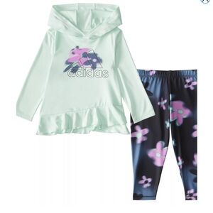 adidas Hooded Ruffle Hem Top & Watercolor Camo Print Leggings Set